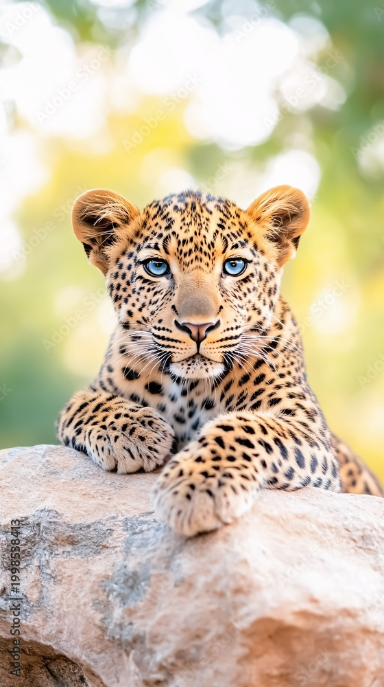 Fototapeta premium Portrait of a leopard cub with blue eyes resting on a rock against a blurred natural background, concept of wildlife conservation and untamed wilderness