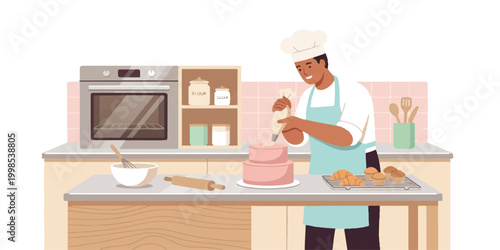 A smiling young woman in a chef hat and apron is cooking a healthy meal with fresh vegetables in her home kitchen, preparing a delicious family dinner for her children