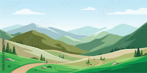 A panoramic summer view of a lush green meadow and rural forest valley nestled under a cloudy sky within a majestic mountain landscape