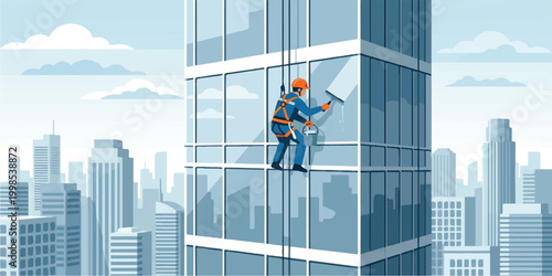 In a high city skyscraper, a construction worker wearing safety gear is climbing a rope to clean the glass windows of a building under construction