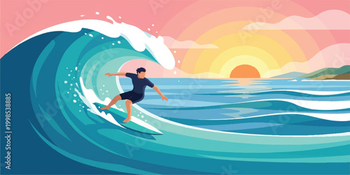 Abstract vector illustration of a young woman surfer running on a blue summer beach with ocean waves and a sun silhouette