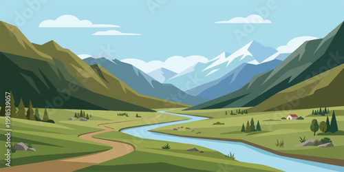 A panoramic summer view of a winding road through green alpine meadows and forest valleys under a cloudy sky with distant snow-capped mountain peaks