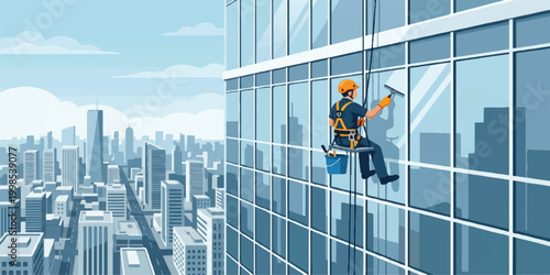 Professional construction worker climbing a high city skyscraper to wash and clean glass windows on a dangerous building site