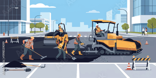 Heavy industrial yellow construction equipment including a bulldozer and crane work on a road construction site with a heavy transport truck and machinery