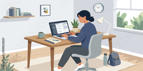 A young businesswoman sits at an office desk typing on her laptop, a professional worker focused on her technology job within a modern business room illustration
