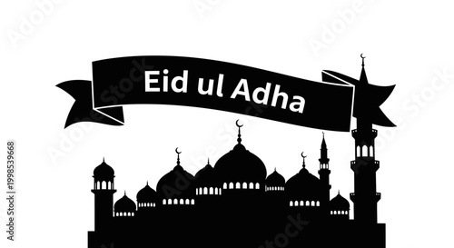EID-UL ADHA Eid ul Adha, Islamic holiday, mosque silhouette, black vector icon, festival greeting Vector