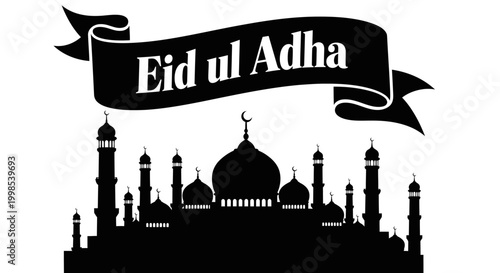 EID-UL ADHA Eid ul Adha, Islamic holiday, mosque silhouette, black vector icon, crescent moon symbol Vector