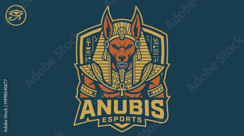 Anubis Egyptian god esports mascot logo with hieroglyphs and ankh