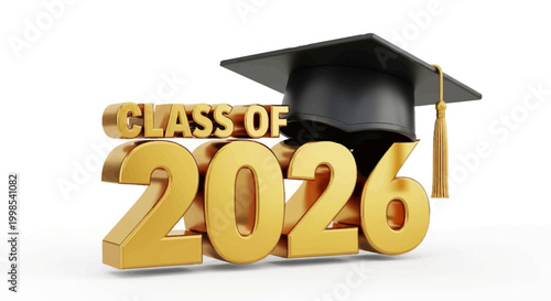 Class of 2026 3d icon. Congratulation graduates design template with black cap and numbers. Gold graduation typography education illustration for ceremony, party, greeting card. 3D Illustration