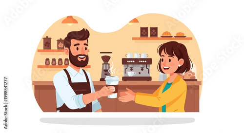 Take away coffee isolated cartoon vector illustrations. Barista gives takeaway coffee to client, great costumer service to client, hot drinks in the morning, small business vector cartoon