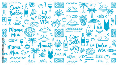 Italian summer vacation icons and phrases on white background