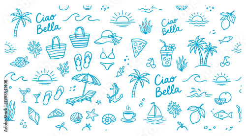 Summer vacation icons and ciao bella phrases on white background beach symbols and illustrations