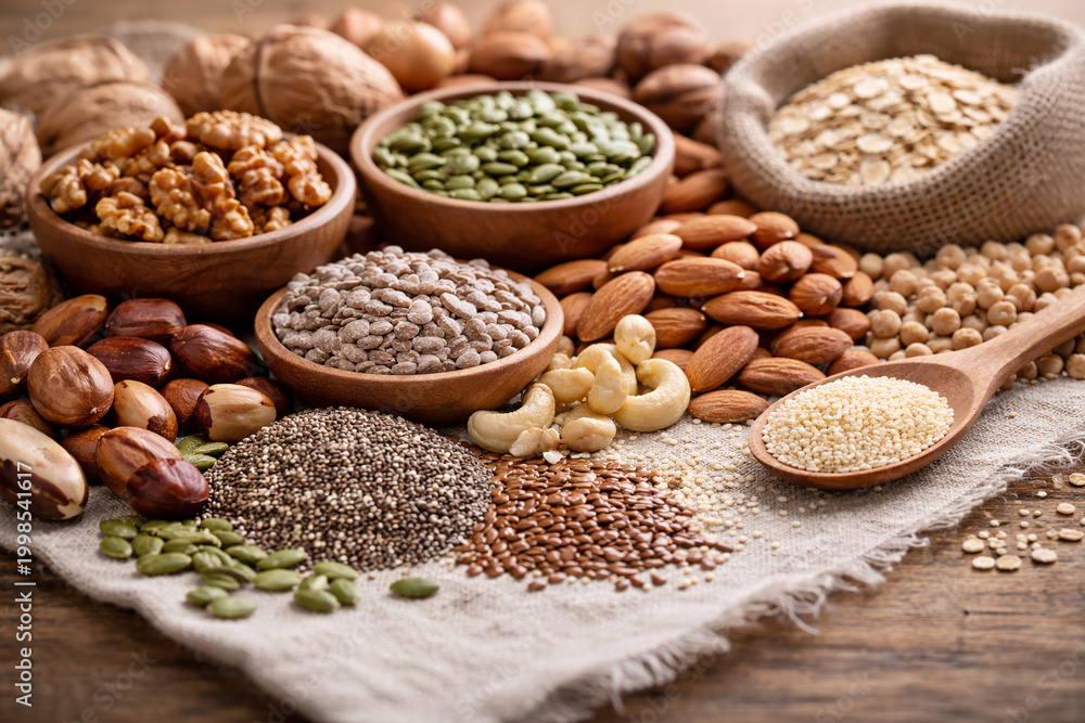 Fototapeta premium natural grains seeds and nuts on linen fabric close up