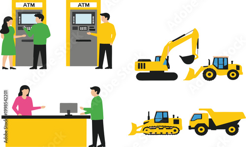 ATM banking and construction machinery vector illustration set with people, excavator, bulldozer and dump truck