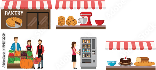 Bakery and food shop vector illustration set with storefront, pastries, vending machine and fresh market