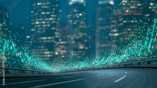 Cityscape Velocity: A blurred foreground road curves towards a vibrant city skyline illuminated by a myriad of lights, evoking a sense of forward momentum, speed, and urban energy.