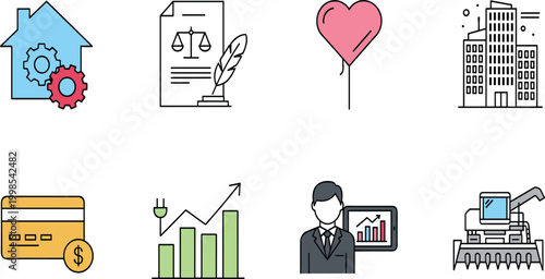 Business and finance icon set with home law document heart building payment growth analytics and industry vector illustration collection