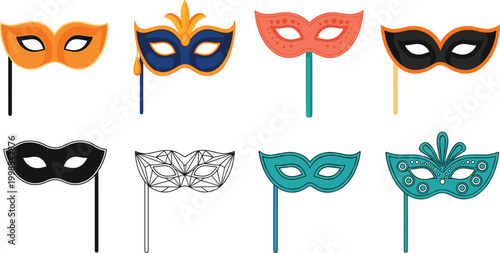 Carnival mask icon set with decorative masquerade masks colorful festival party accessories vector illustration collection