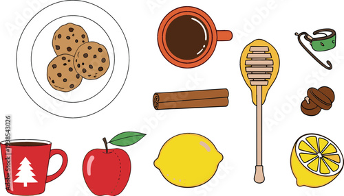 Coffee and dessert vector illustration set with cookies, honey dipper, cinnamon and fruit elements