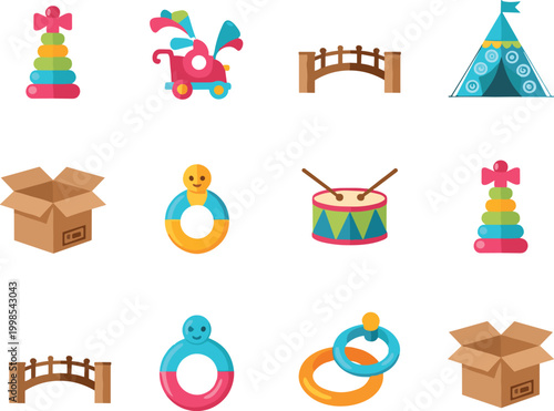 Colorful kids toy icon set with stacking rings drum clown bridge tent and playful nursery elements vector collection