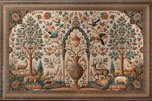 Exquisite all-silk Qum Persian carpet top-down view, luminous ivory cream ground, hyperdetailed authentic art with superb knotting