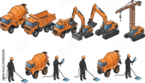 Construction machinery and workers vector set with excavators, crane, dump truck and concrete mixer