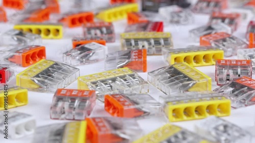 Connectors for quick connection of electrical copper wires. Soft focus. Close-up. 