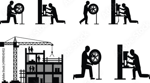 Construction worker and mechanic silhouettes vector set with building site crane and repair work