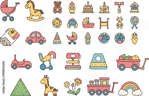 Cute kids toy and nursery icon set with stroller rocking horse train rainbow tent and playful elements vector collection