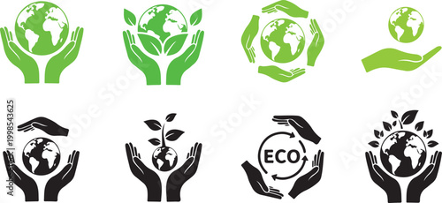 Eco friendly icons set with hands holding earth globe, green environmental protection symbols, 8 vector ecology logos for sustainable branding