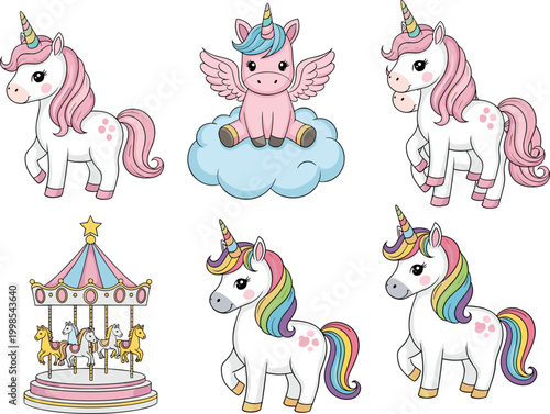 Bild auf Leinwand Cute unicorn vector set with rainbow mane, winged unicorn and carousel illustrat