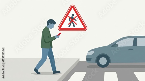 Pedestrian Distracted by Smartphone Near Crosswalk With Safety Warning Sign Visible in the Background