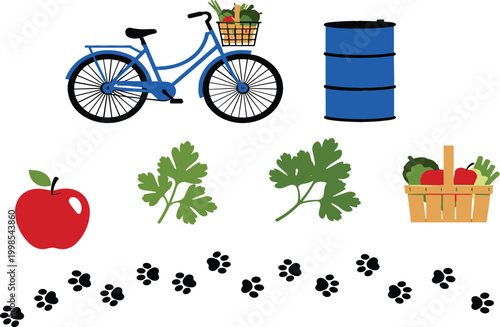 Eco lifestyle and fresh produce vector set with bicycle, vegetables, basket and footprints