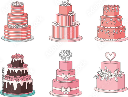 Elegant wedding cakes set with floral decorations hearts and ribbons romantic dessert collection vector illustration isolated on light background