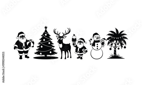 Christmas characters and objects silhouette, Santa tree reindeer snowman vector.