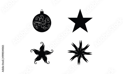 Abstract decorative star shapes and swirly bauble vector silhouette illustration collection.