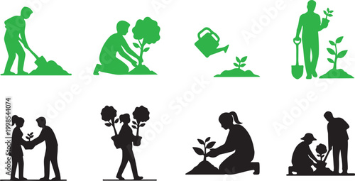 Gardening silhouette icons set, people planting trees and watering plants vector, green and black gardener figures for environmental landscaping projects