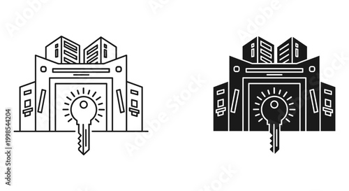 Real estate key icon set with office building outline and solid style, white background, vector Illustration