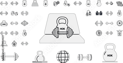 Fitness and gym equipment outline icon set with dumbbells, kettlebells and weight training tools