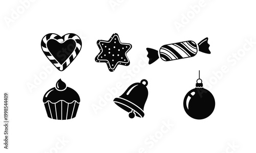 Christmas festive treats vector silhouette illustration line art set for holiday sweets.