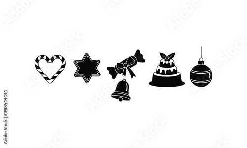 Christmas festive candy heart star bell cake bauble vector silhouette illustration icon set.