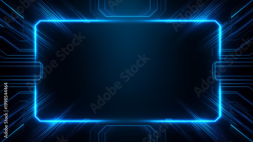 A glowing rectangular blue frame with integrated circuit board patterns dynamically highlights a dark, technology-driven background.