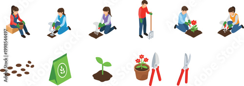 Gardening activities and tools vector set with planting, seedlings, seeds and pruning shears