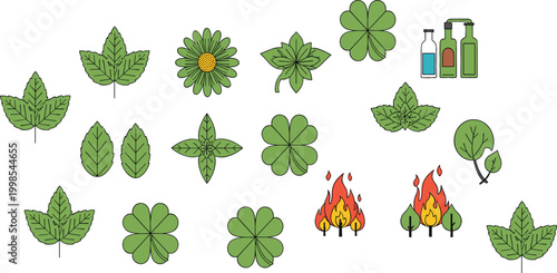 Green leaves and nature icons vector set with clover, herbs, eco symbols and forest fire elements