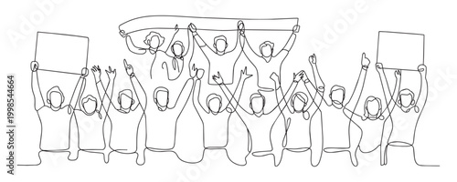 Line art drawing people protesting holding signs.Crowd of activists demonstrating, cheering for social movement and unity