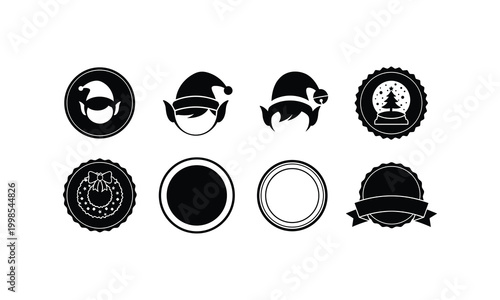 Christmas holiday elf, snow globe, wreath, badge, round frames, banner vector.