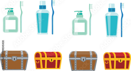 Hygiene and treasure chest vector set with toothbrush, mouthwash and wooden chests