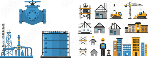Industrial and construction icons vector illustration set with factory equipment, buildings and engineering elements