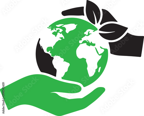 Environmental conservation vector icon, green earth globe held by human hands with leaves, ecology and sustainability concept illustration