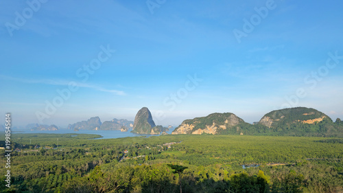 Phang nga Bay with limestone karsts and tropical mangrove forest, Takua Thung, Thailand.